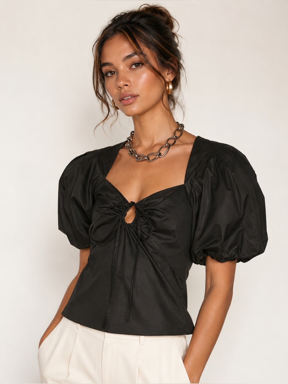 Frame Black Noir Cotton Poplin Puff-Sleeve Tie-Neck Top Sz. L NWT